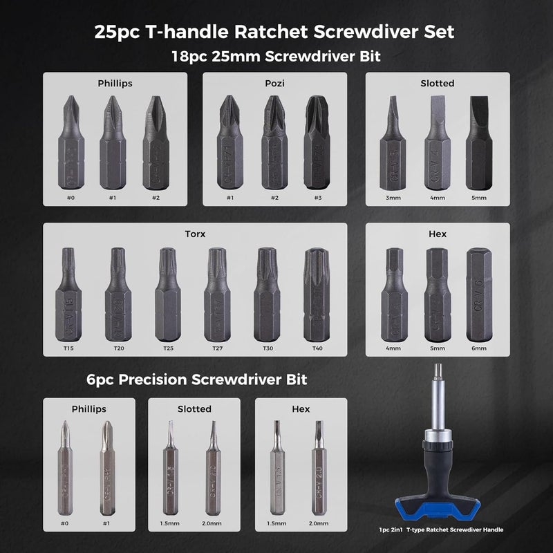 MDBTTOOLS 25pc T-Handle Screwdriver Set - Multi Bit Screwdriver Kit (Phillips, Pozi, Slotted, Hex, Torx) & 6pc Precision Bits + 2-in-1 T-Type (Black -25 pieces) - Image 3